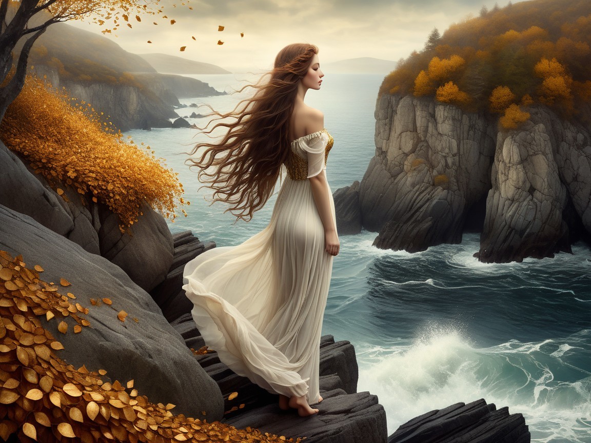 Serene Figure on Rocky Cliff by Tranquil Sea