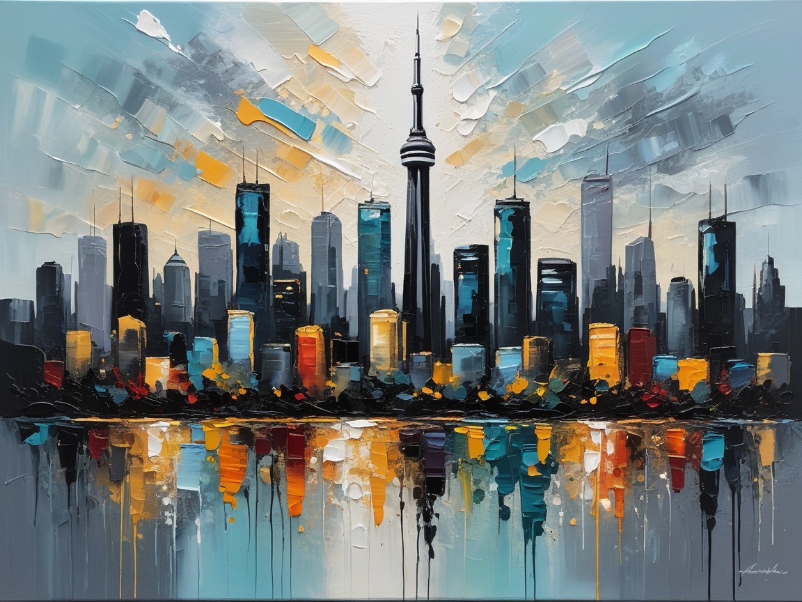 Abstract City Skyline Painting at Dusk