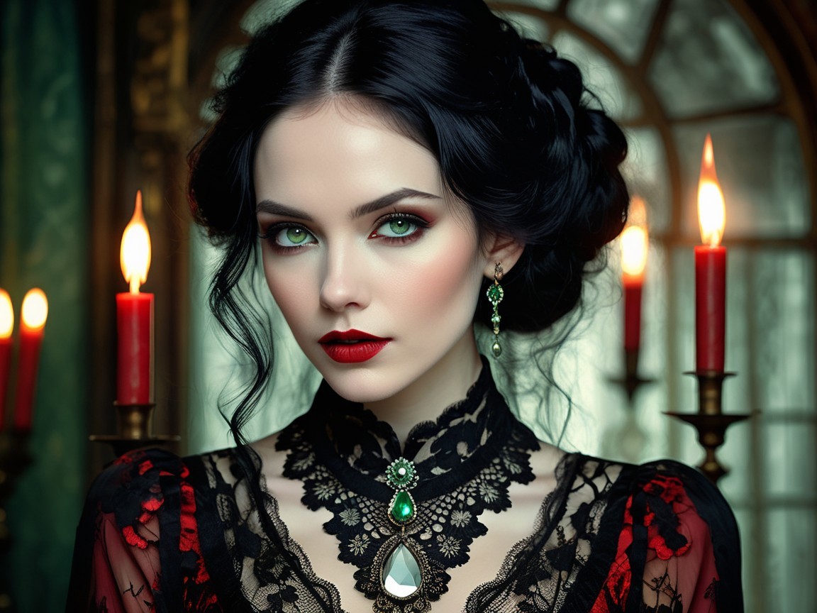 Portrait of a woman with pale skin and green eyes