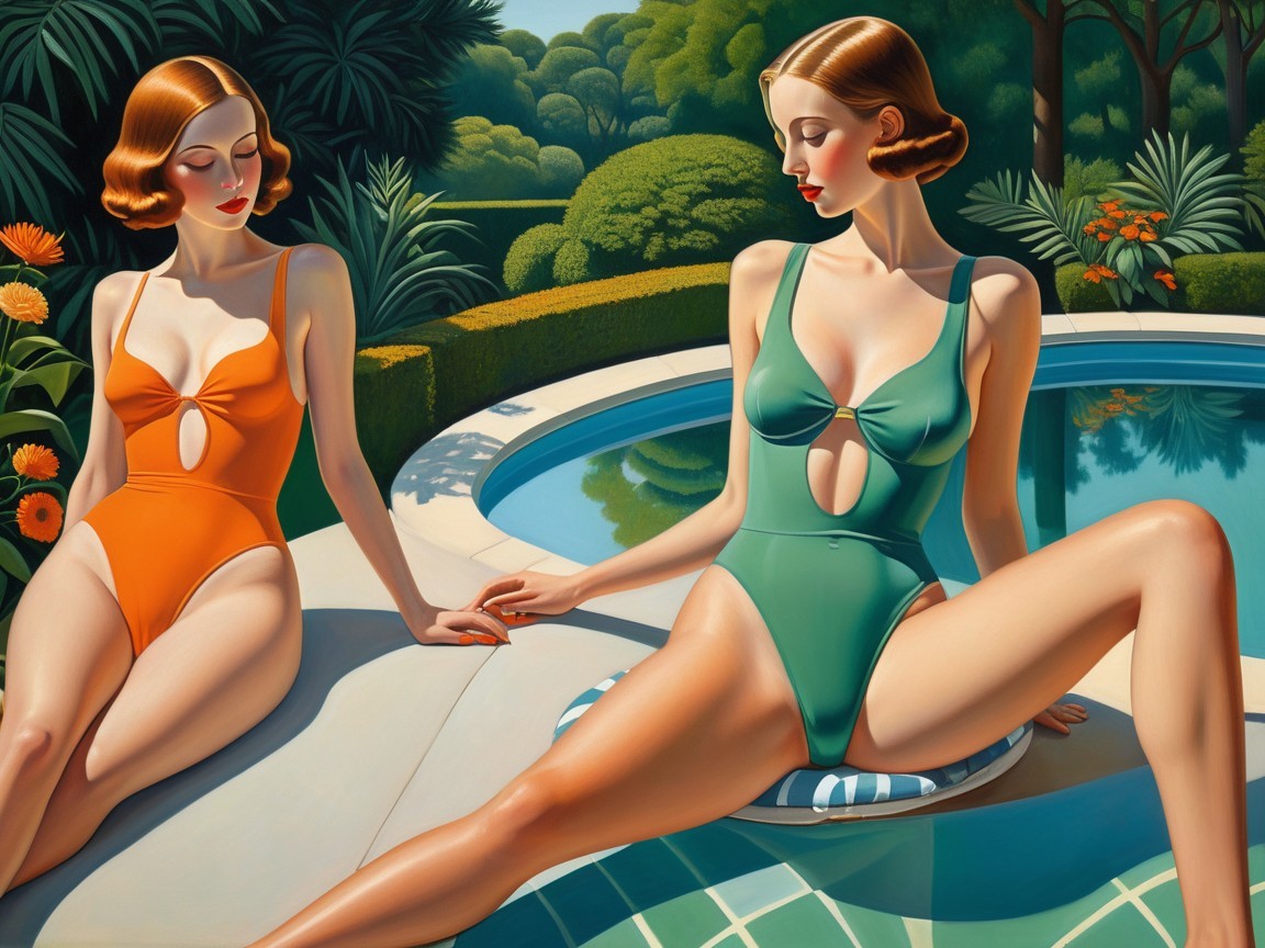 Fashionable Women by Poolside in Elegant Swimsuits