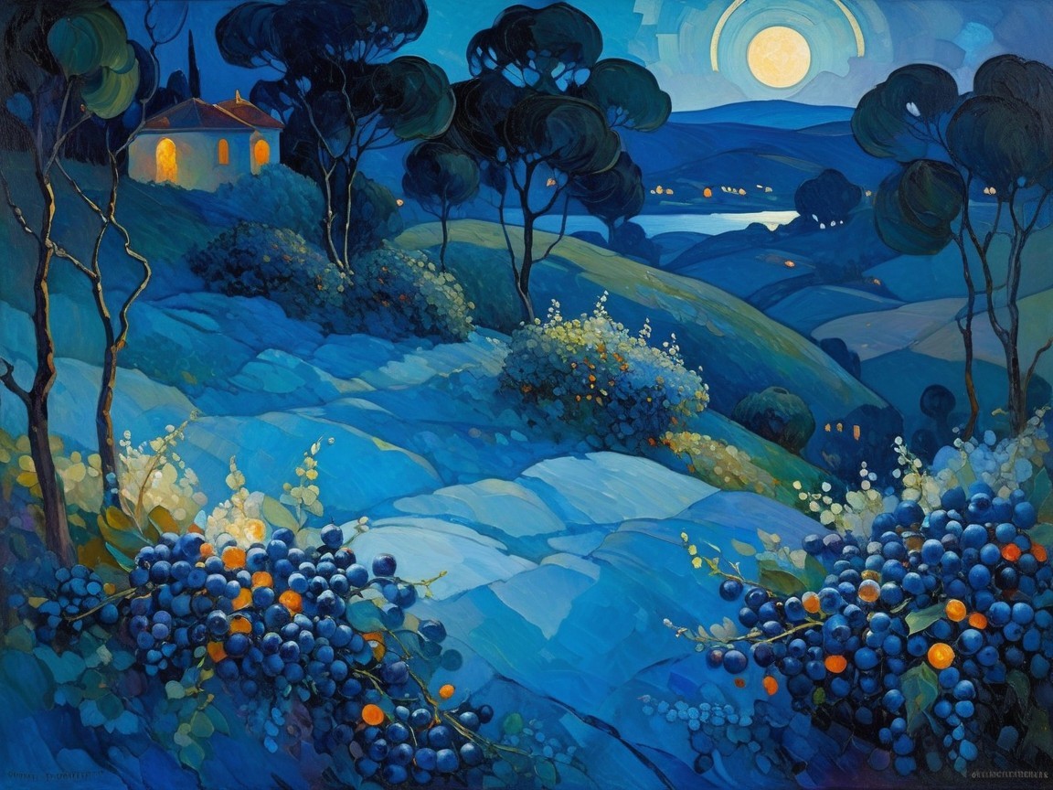Moonlit Landscape with Hills, Lake, and Cottage