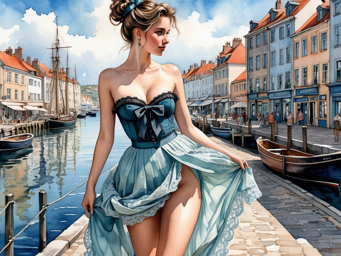 Elegant woman in corset by picturesque canal