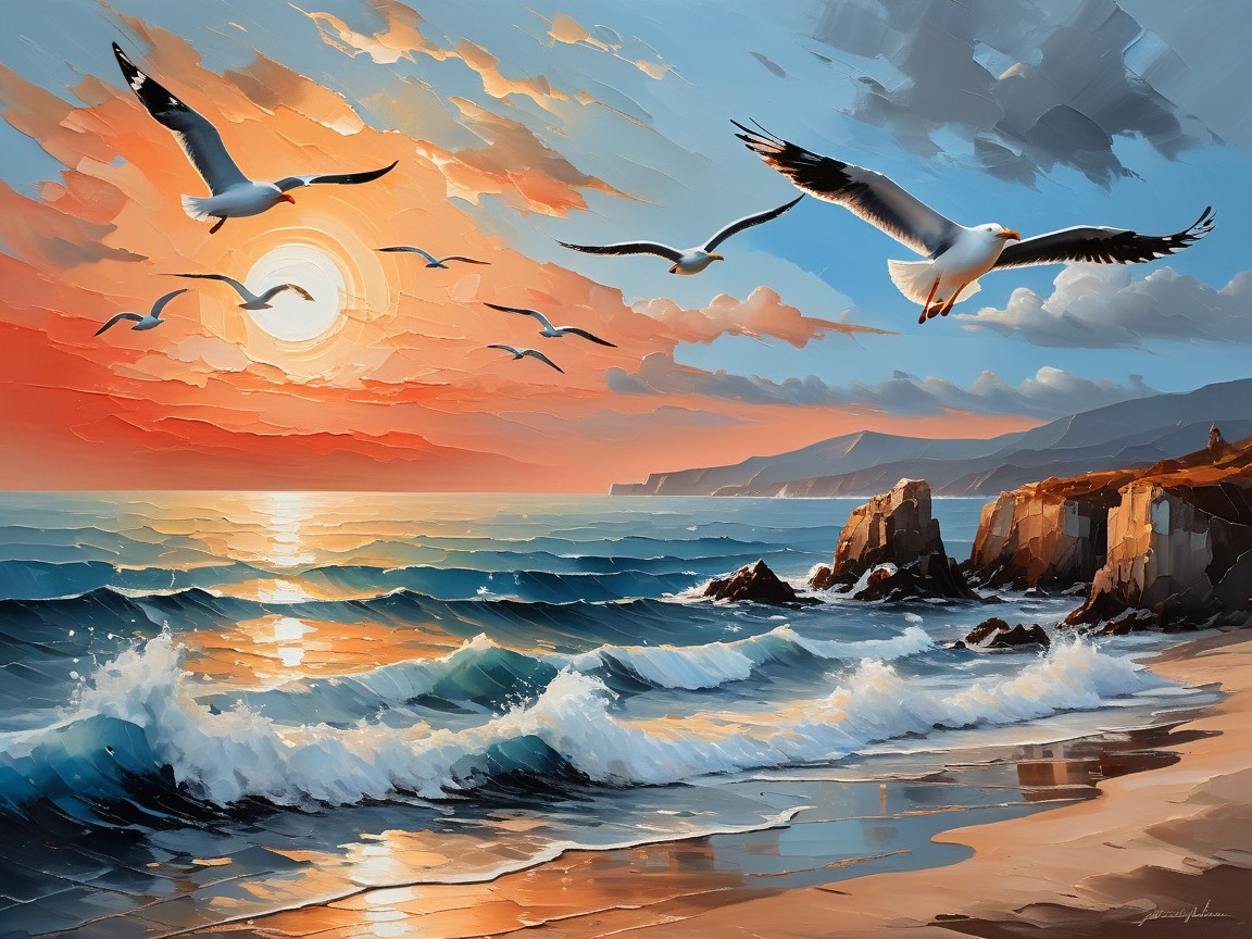 Vibrant Coastal Sunset with Seagulls and Waves