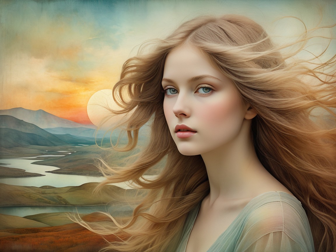 Serene Portrait of a Young Woman in Ethereal Landscape
