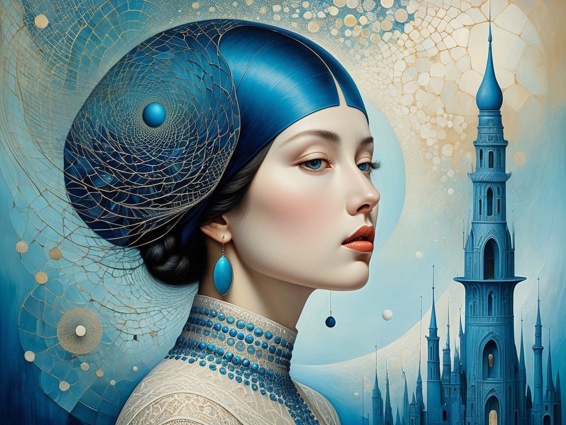 Serene Woman with Blue Headpiece and Dreamy Background