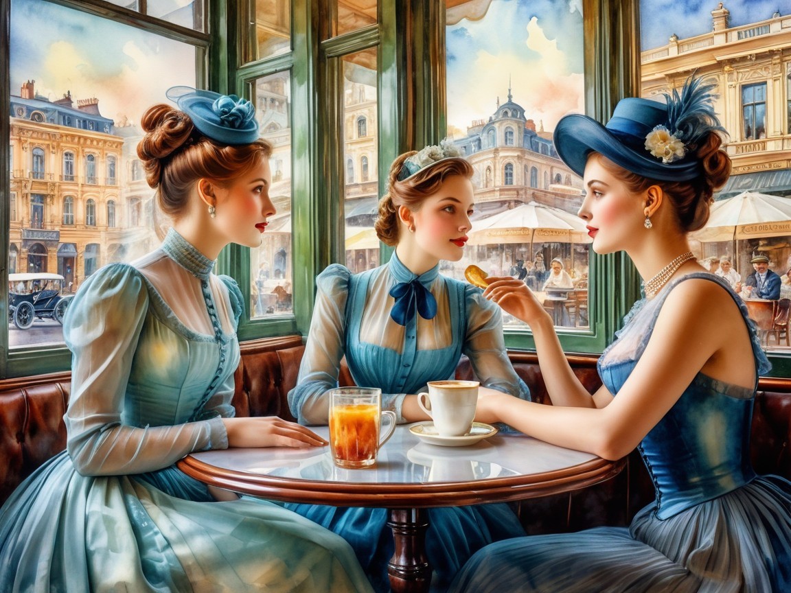 Elegant Vintage Café Scene with Women in Pastels