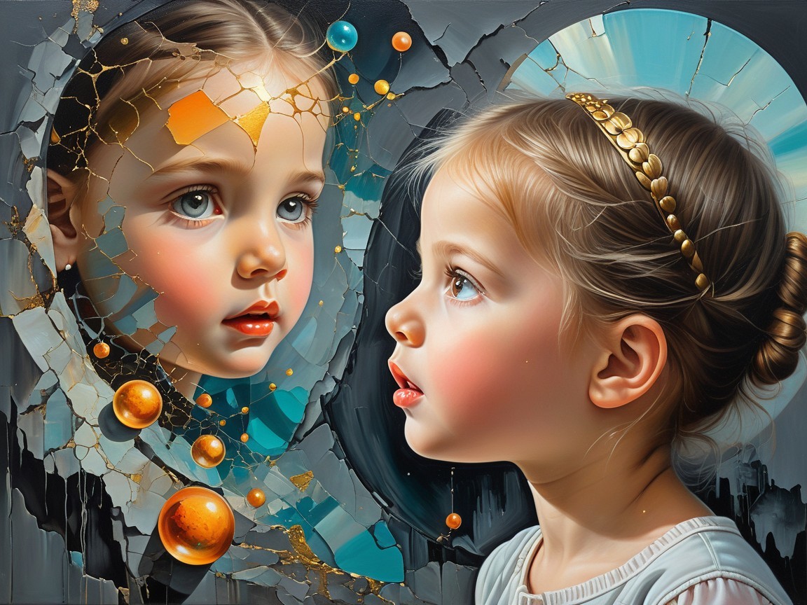 Young girl reflects in shattered mirror with vibrant orbs