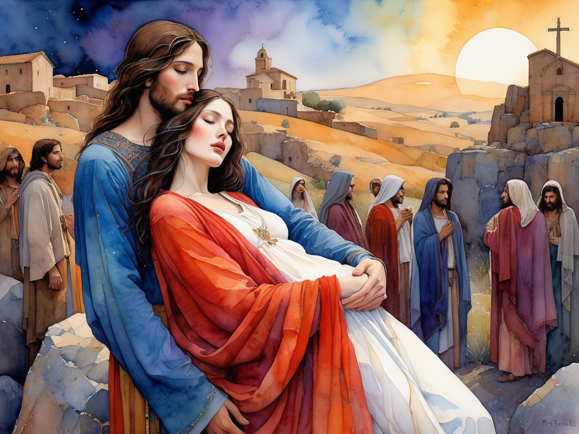 Tender Embrace in a Colorful Landscape at Sunset