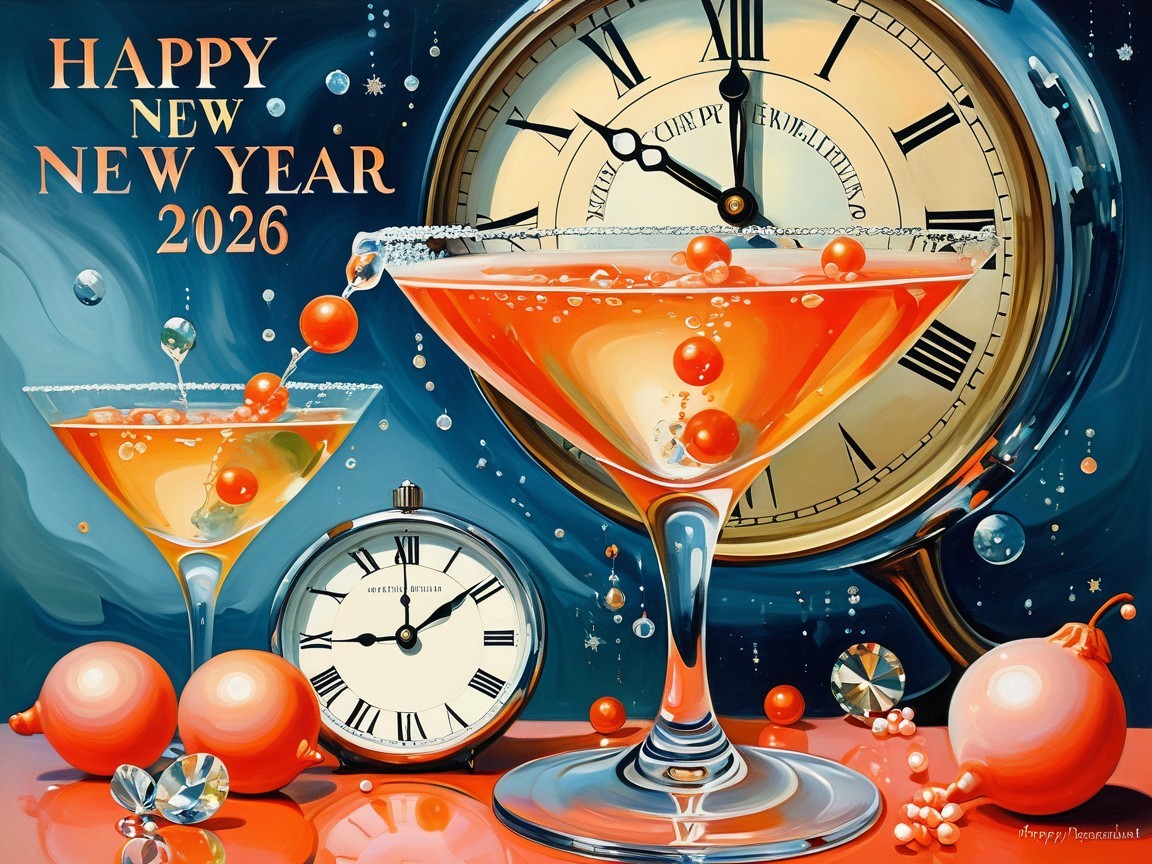 New Year 2026 Greeting Card with Clocks and Cocktails