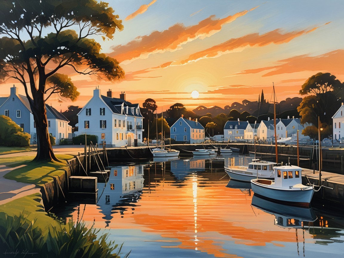 Serene Waterfront Sunset with Charming Houses and Boats
