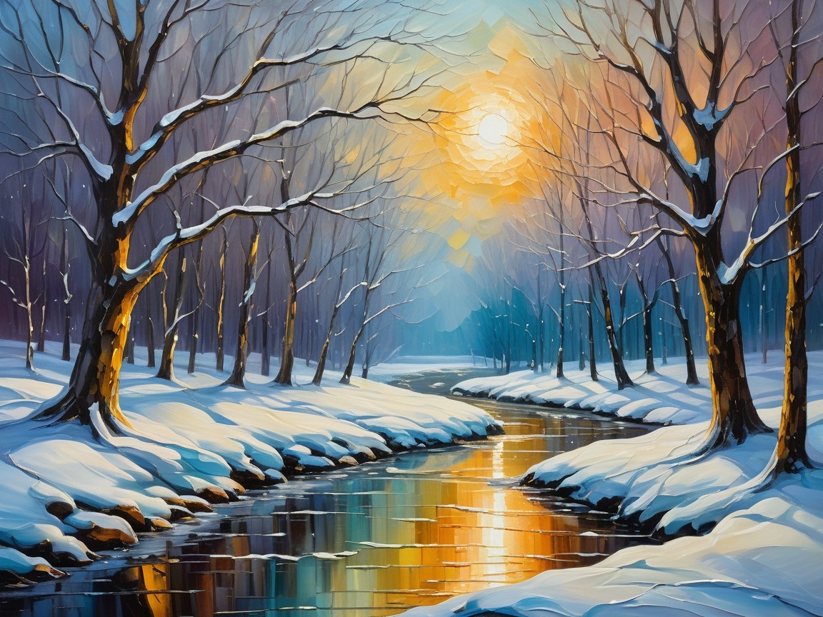 Tranquil Winter Landscape with River and Snowy Trees