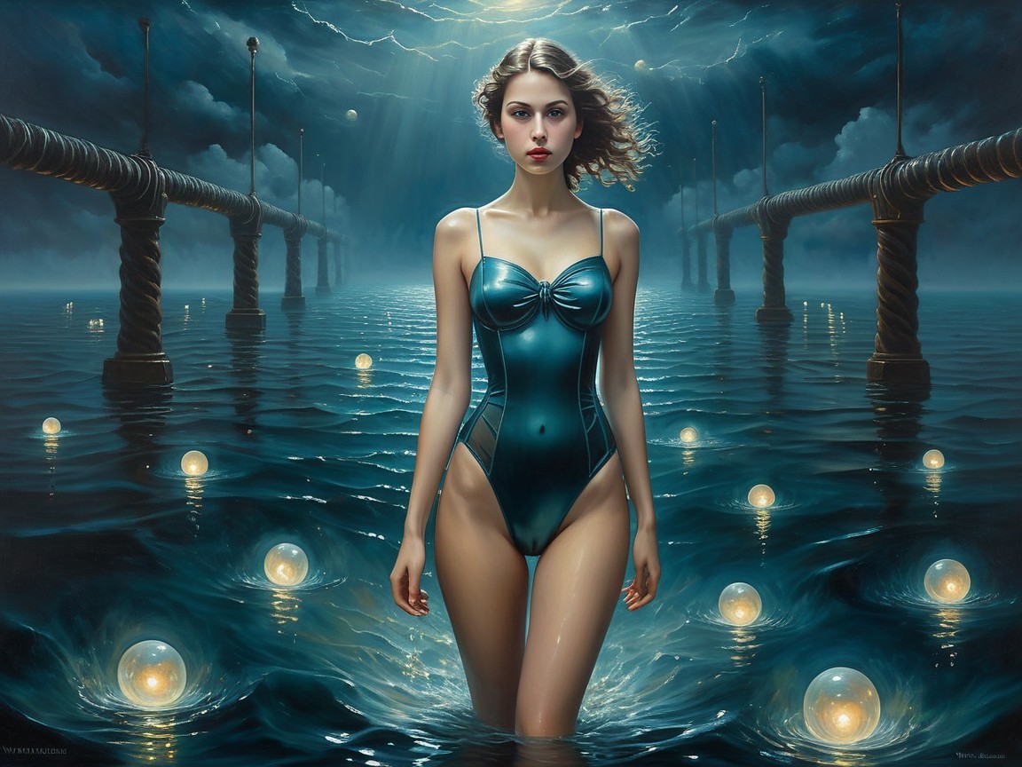 Young Woman in Teal Swimsuit Wading Through Water