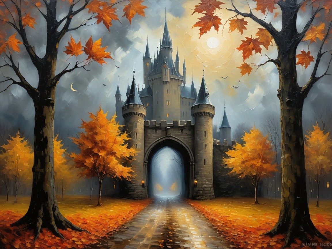 Majestic castle amidst autumn trees and dramatic sky