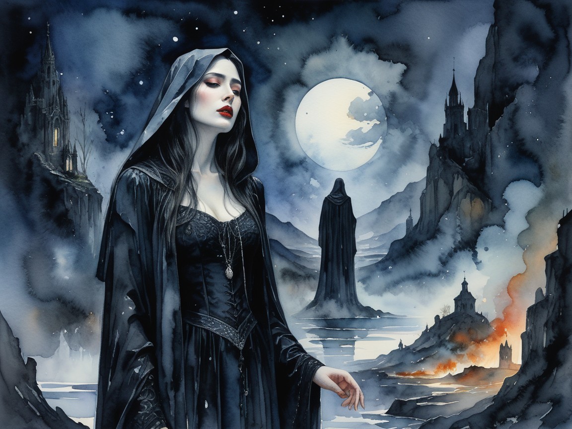 Mysterious Cloaked Figure in Ethereal Landscape