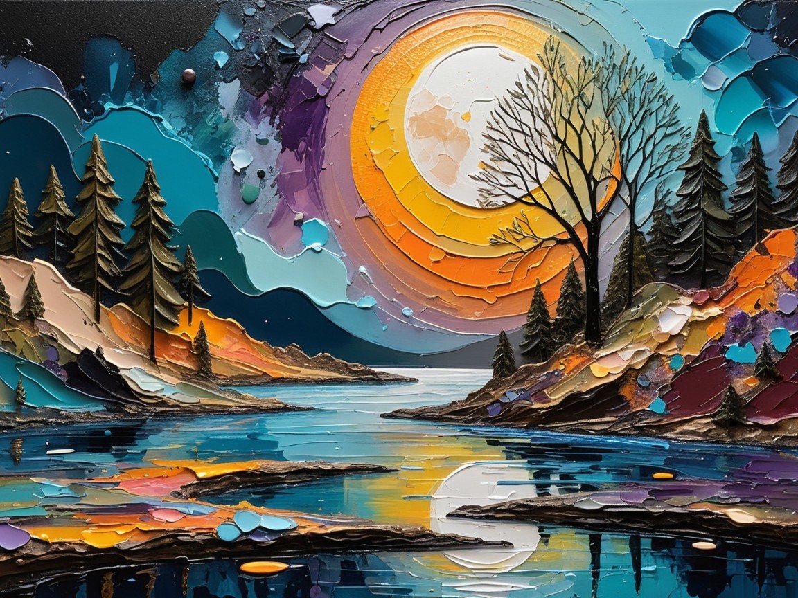 Vibrant Landscape with Textured Moon and Bare Tree