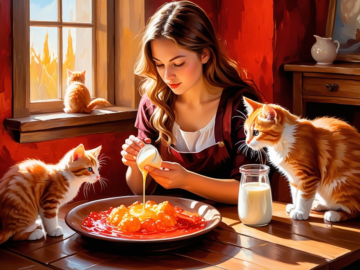 Cozy Room with Dessert and Ginger Cats