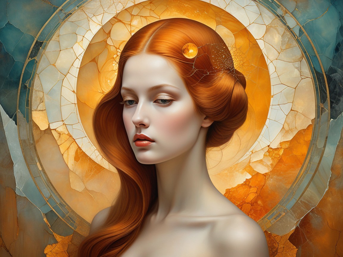 Young woman with vibrant red hair in stained glass setting