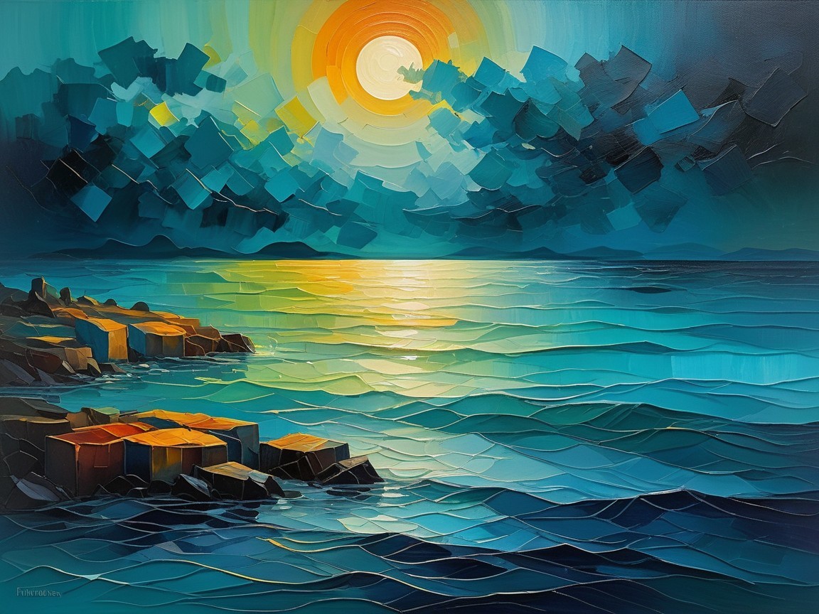 Vibrant Seascape with Sunset and Textured Clouds