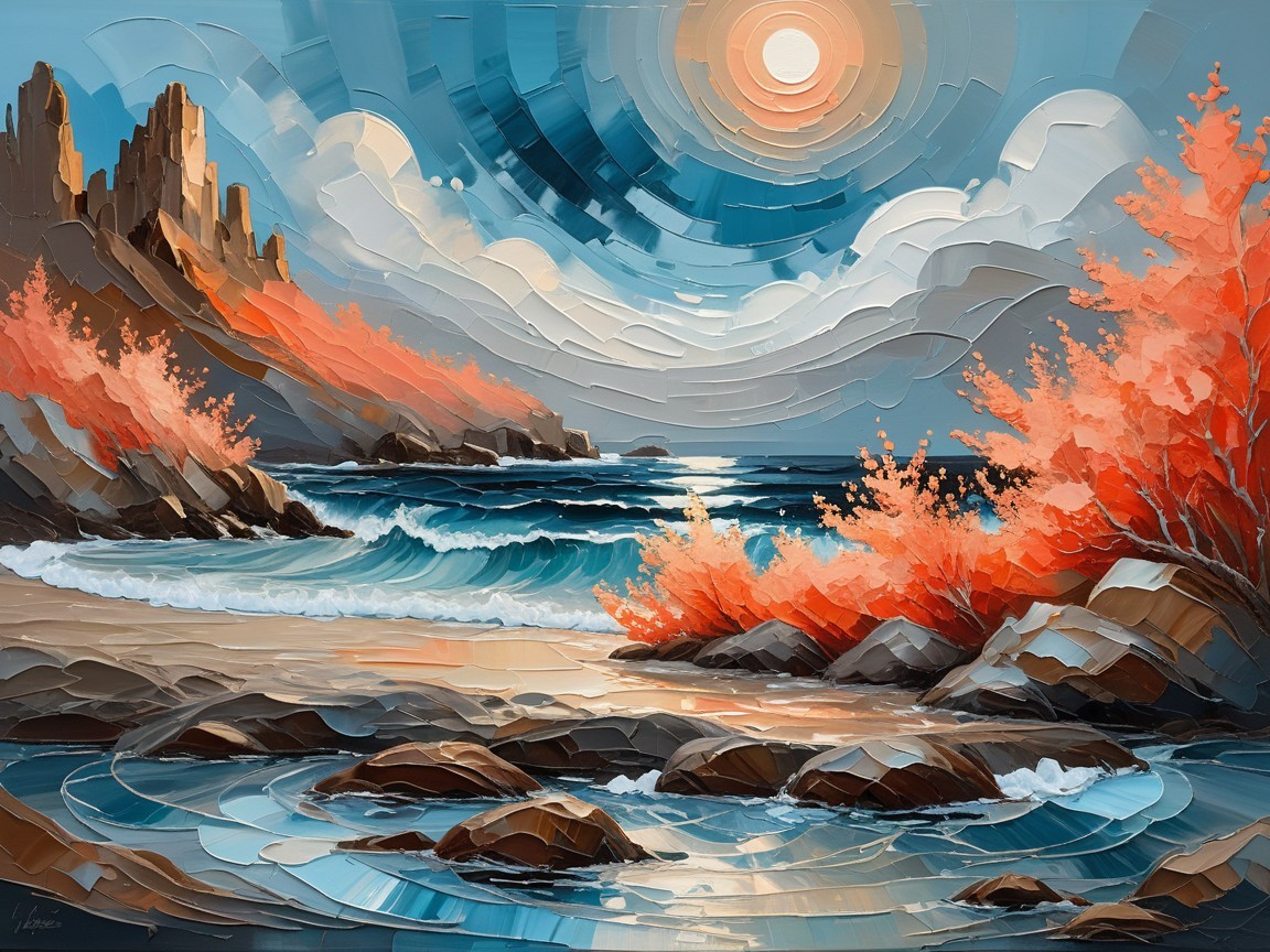 Vibrant Beach Landscape with Cliffs and Colorful Foliage