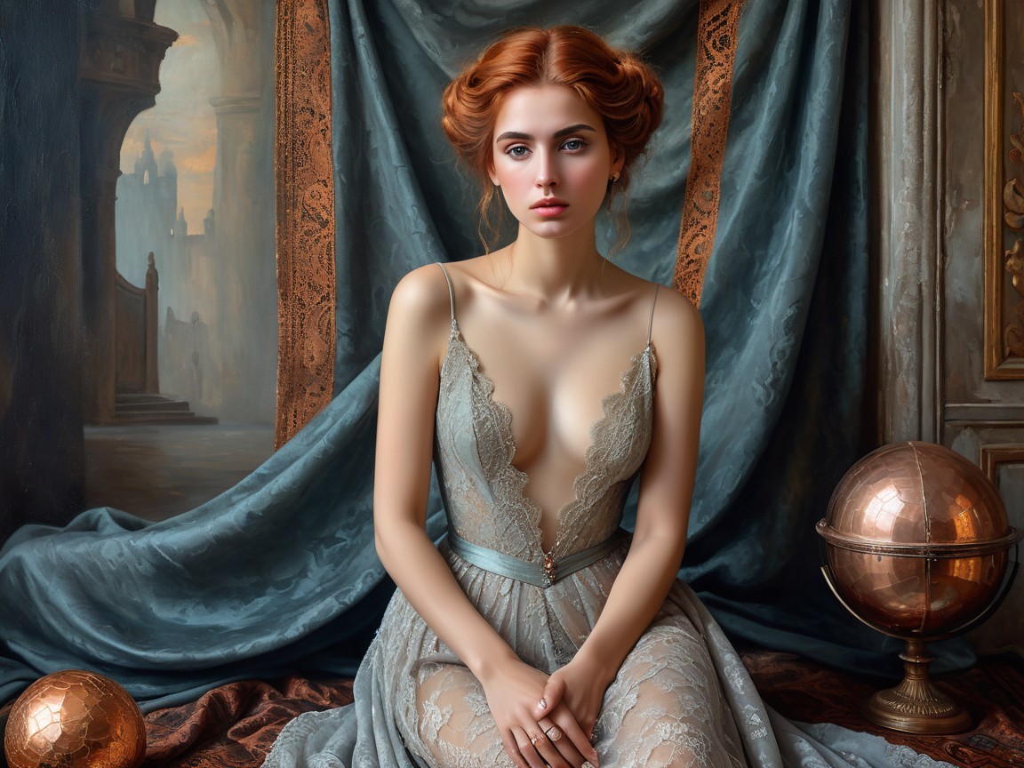 Oil Painting Portrait of Young Woman in Blue Dress