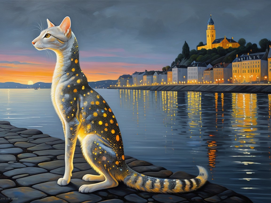 Hyper-detailed oil painting of a glowing cat by water