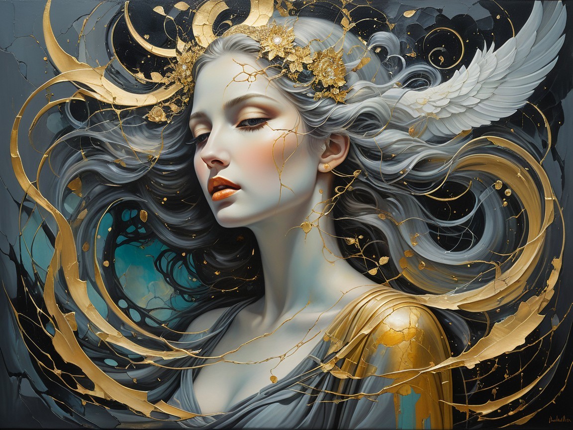 Striking Woman with Silver Hair and Floral Elements