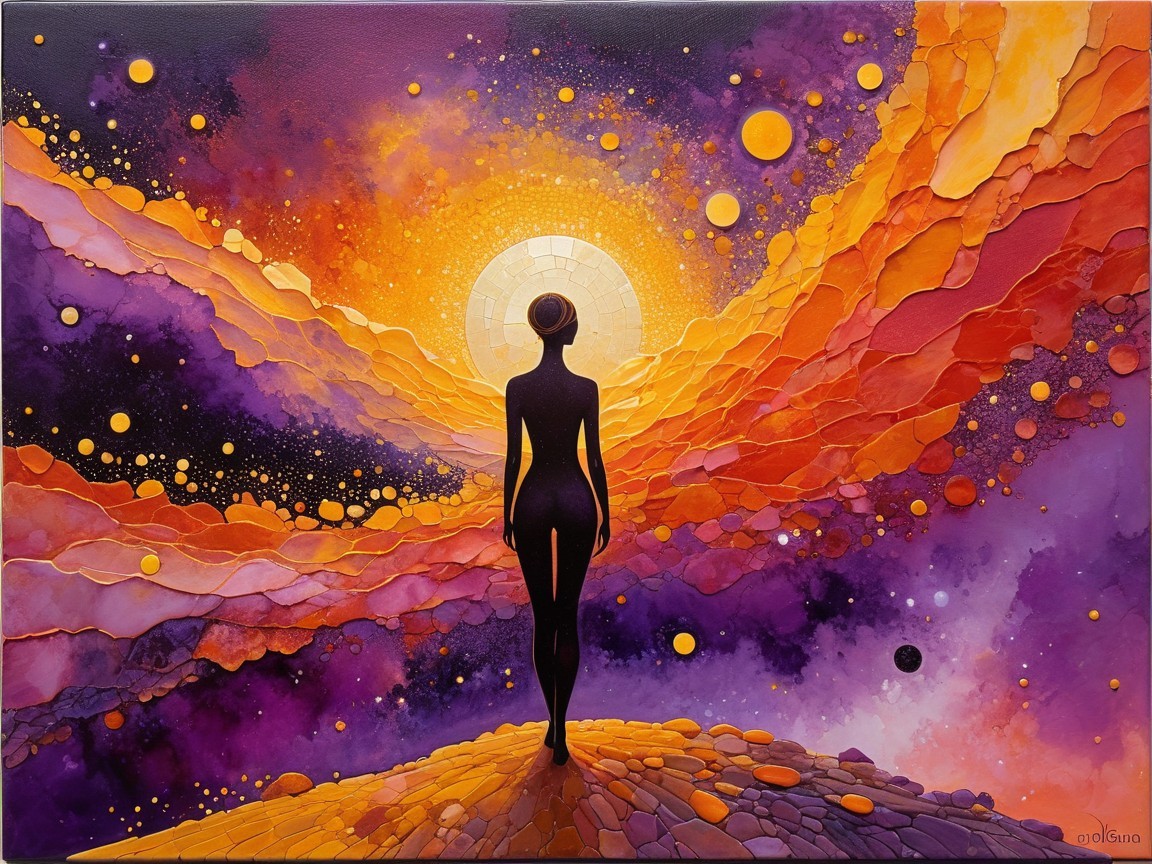 Silhouette on Textured Landscape with Cosmic Backdrop