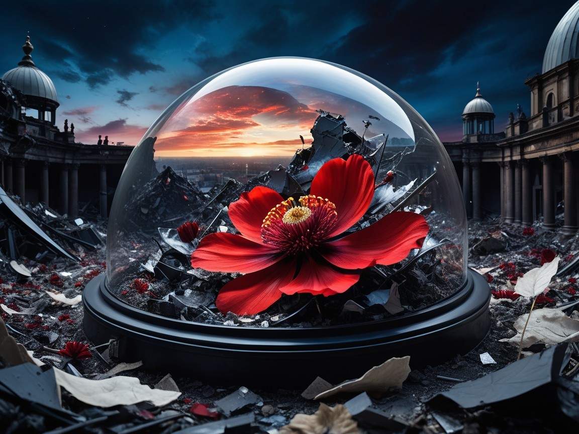 Red Flower in Transparent Dome Amid Ruined Landscape