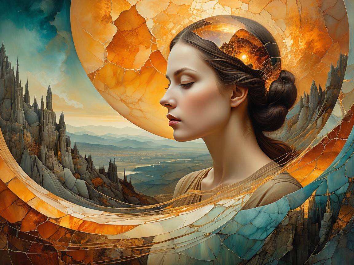 Surreal Landscape with Young Woman and Nature Elements