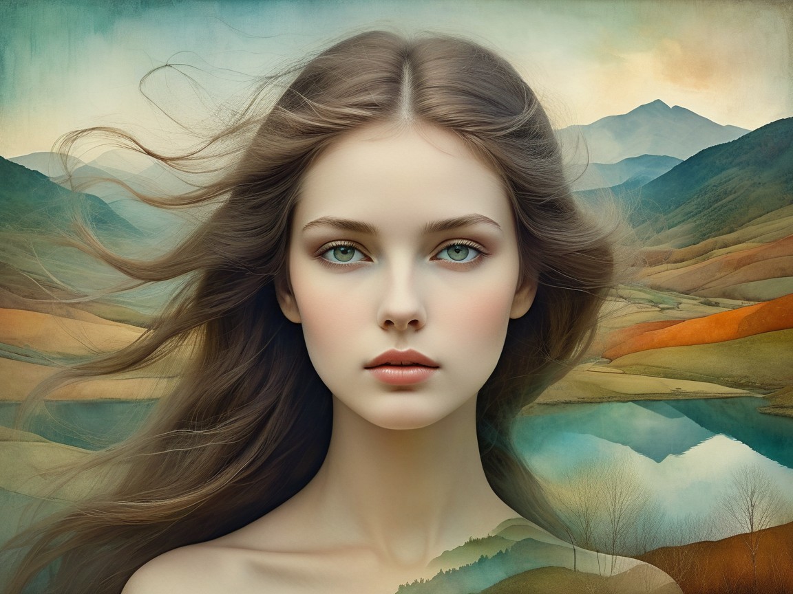 Serene Portrait of a Young Woman in Dreamy Landscape