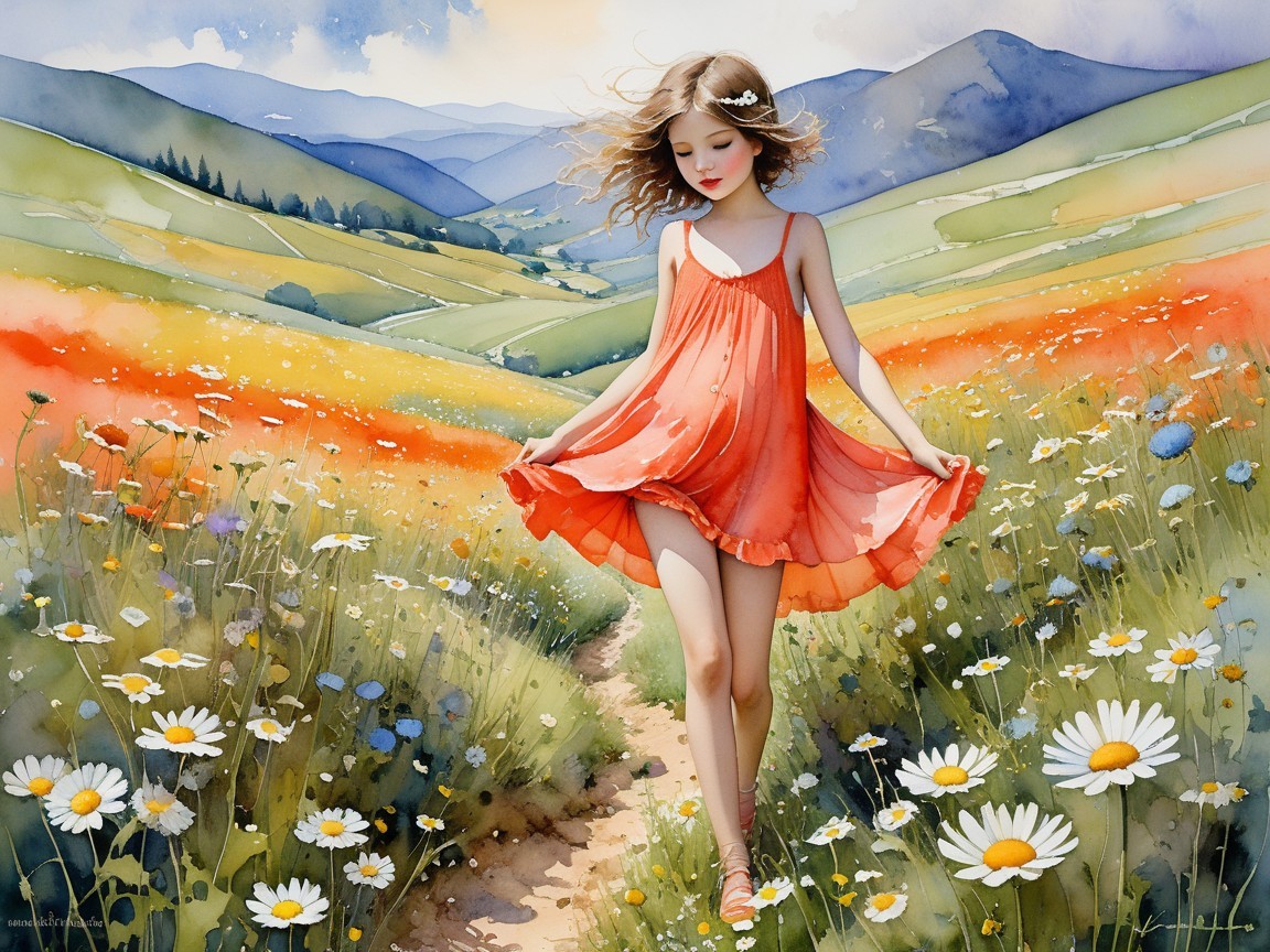 Young girl in orange dress twirling in wildflower meadow