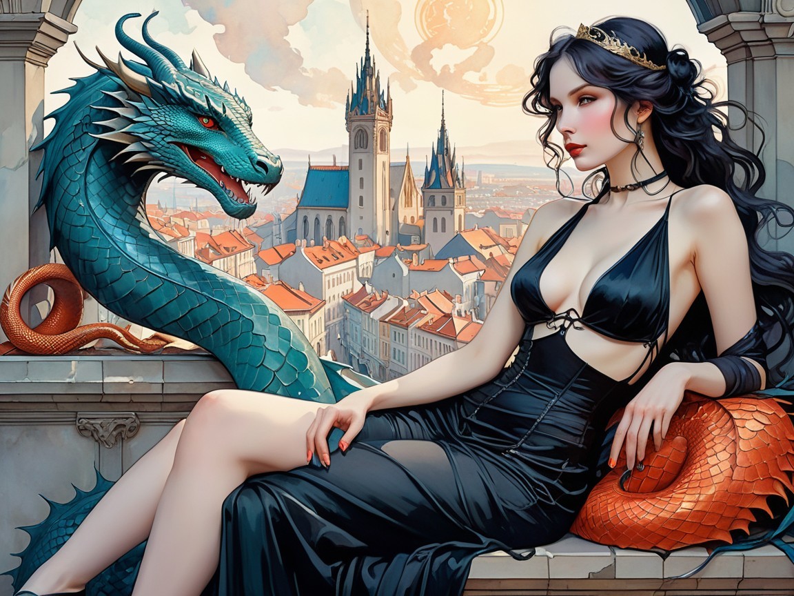 Elegant Woman and Emerald Dragon Over Scenic Cityscape