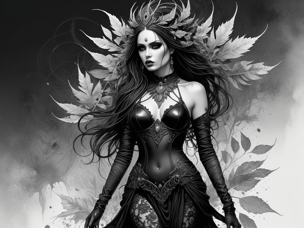 Elegant Woman in Dark Outfit with Leaf Crown