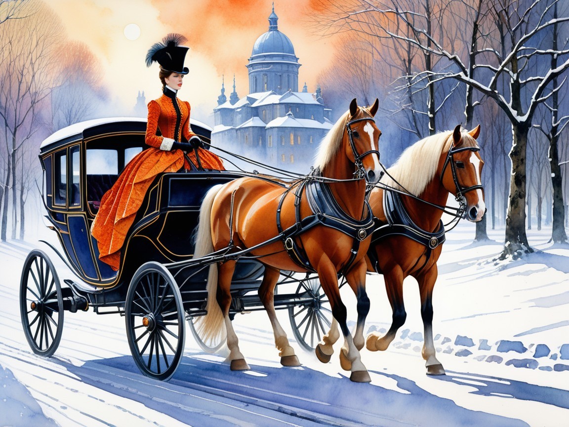 Elegant Woman in Horse-Drawn Carriage in Snowy Landscape