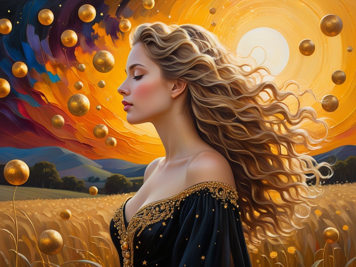 Serene Woman in Black Dress Against Vibrant Sunset