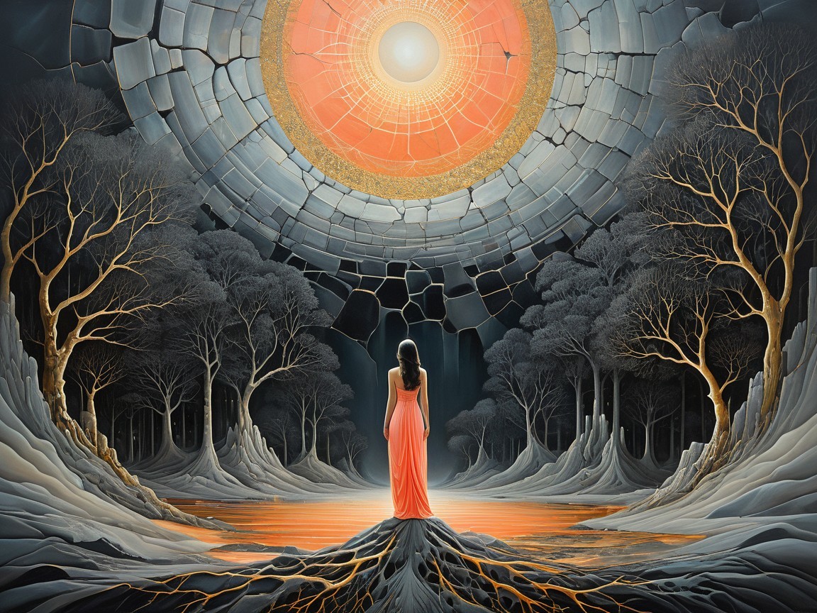 Surreal Landscape with Figure in Orange Dress and Trees