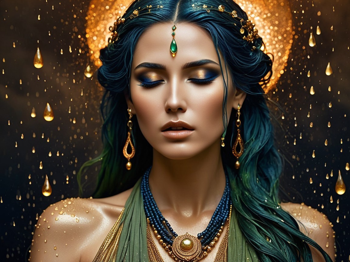 Serene Woman with Dark Teal Hair and Golden Jewelry