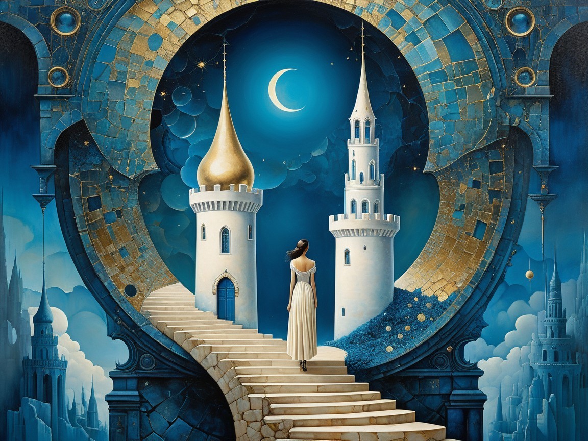 Dreamy Landscape with Winding Staircase and Towers