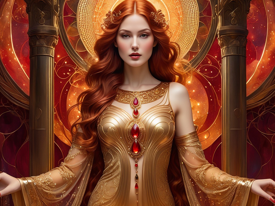 Elegant Woman in Golden Gown with Red Gem Pendant