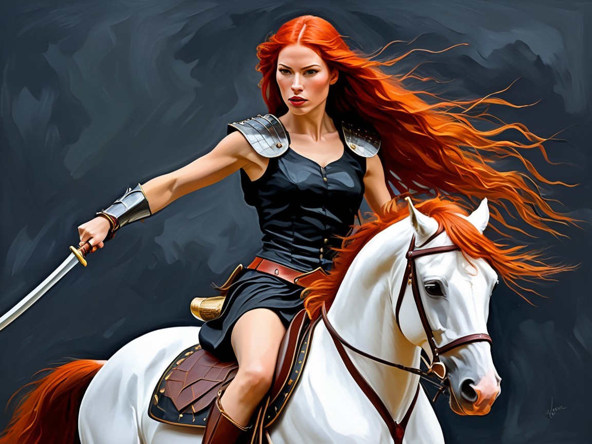 Fierce Female Warrior on White Horse with Sword