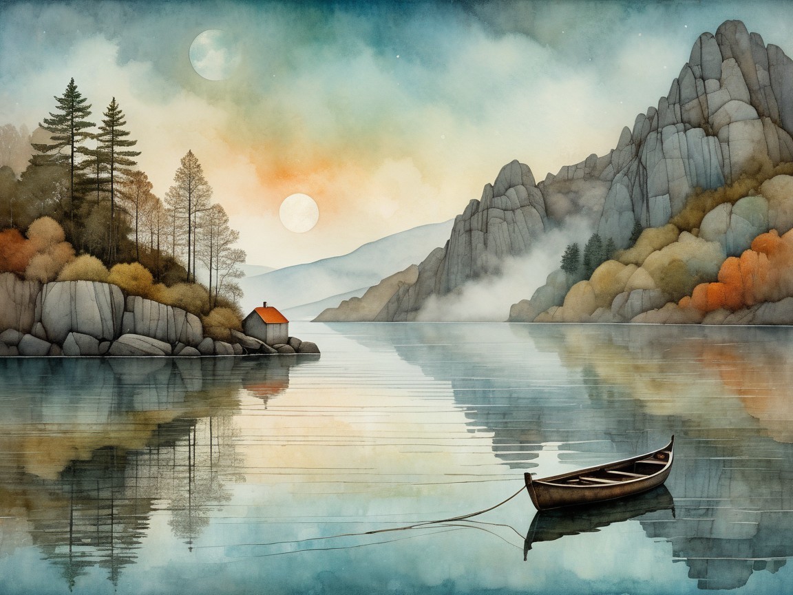 Serene Lake Landscape with Two Moons at Dusk
