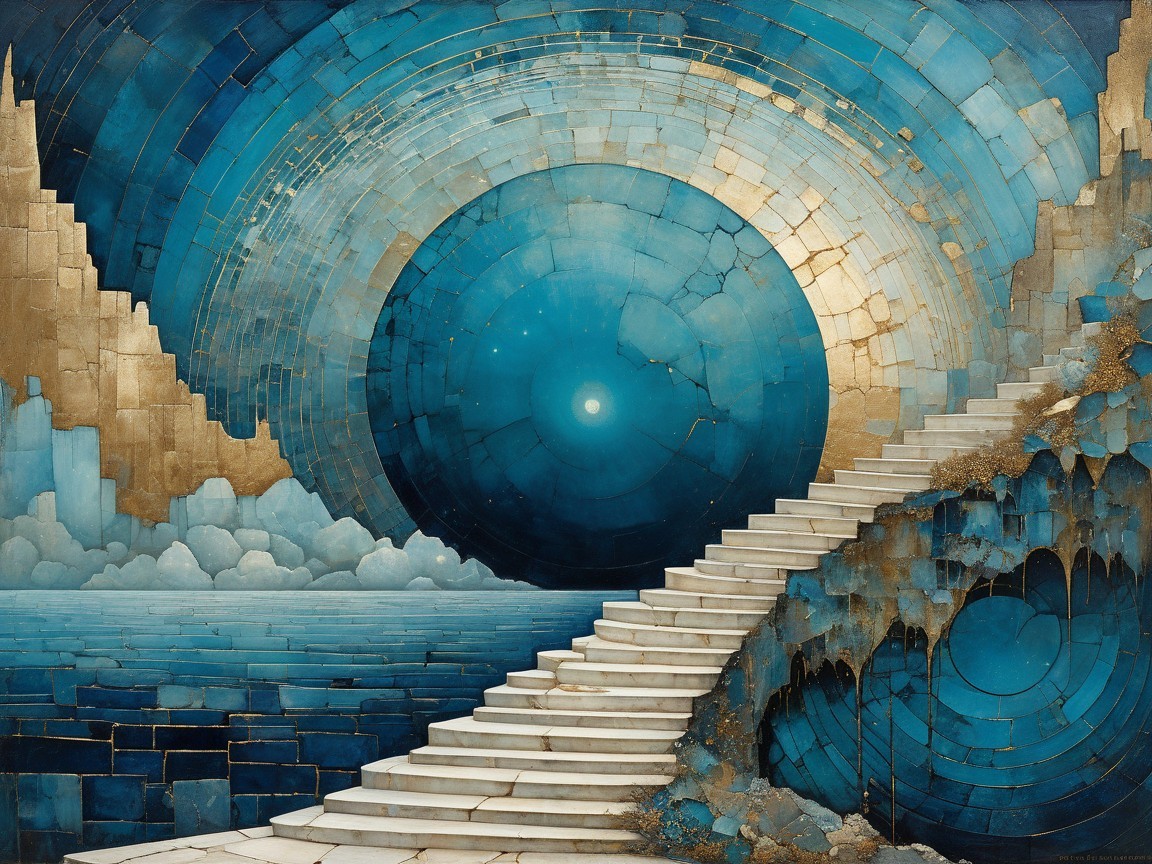 Surreal Landscape with Glowing Blue Orb and Stairs