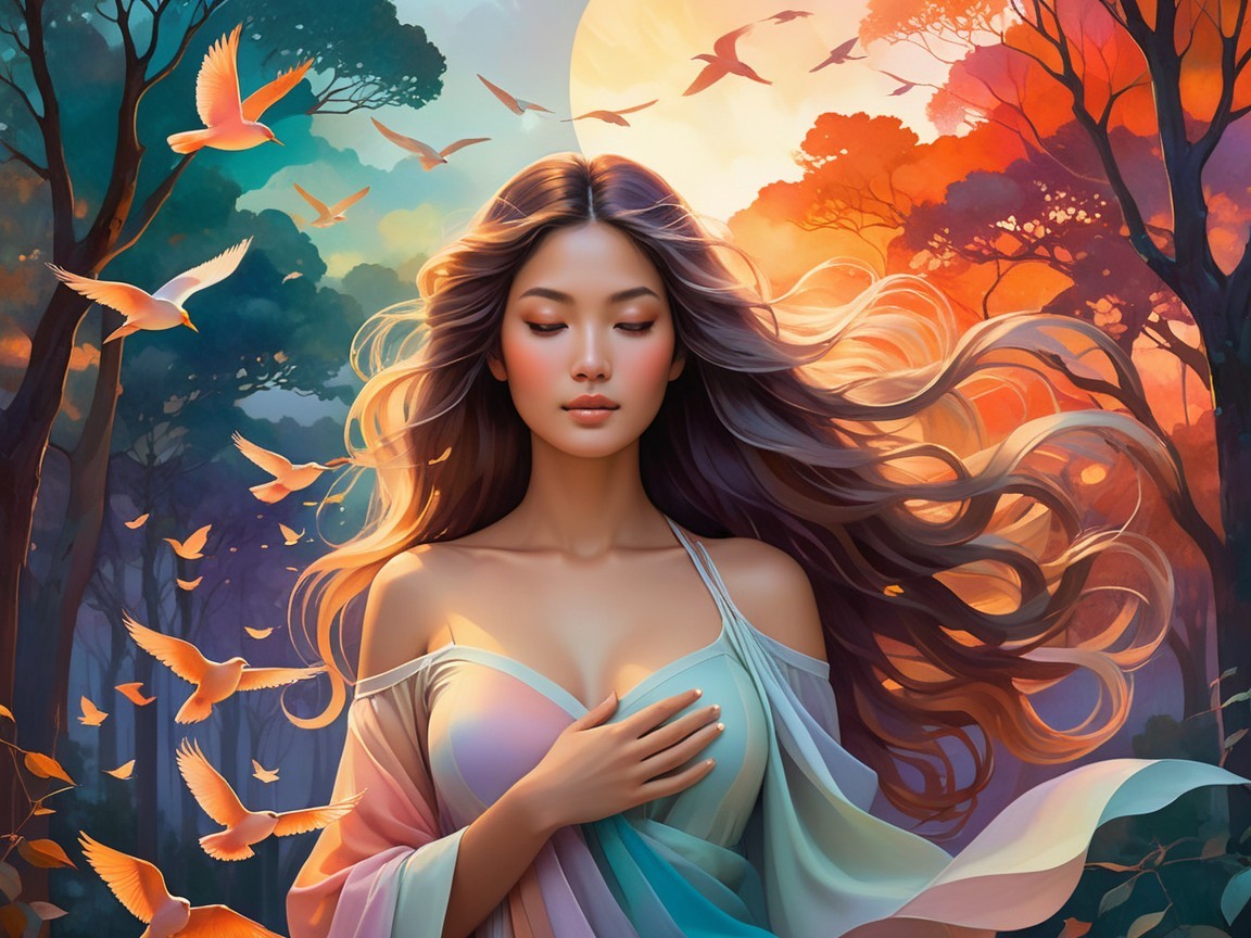 Serene Woman in Vibrant Enchanted Forest Scene