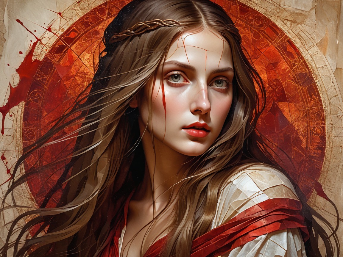 Young woman with flowing hair in intricate background