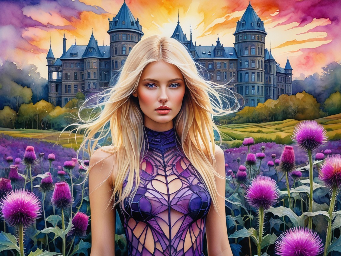 Young woman in purple dress in thistle field with castle