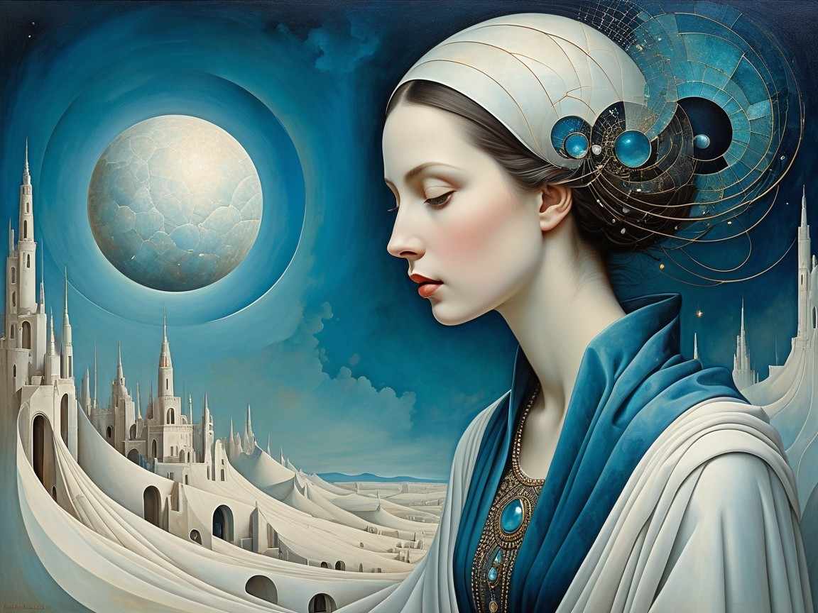 Serene Woman in Elegant Robes Against Dreamlike Landscape