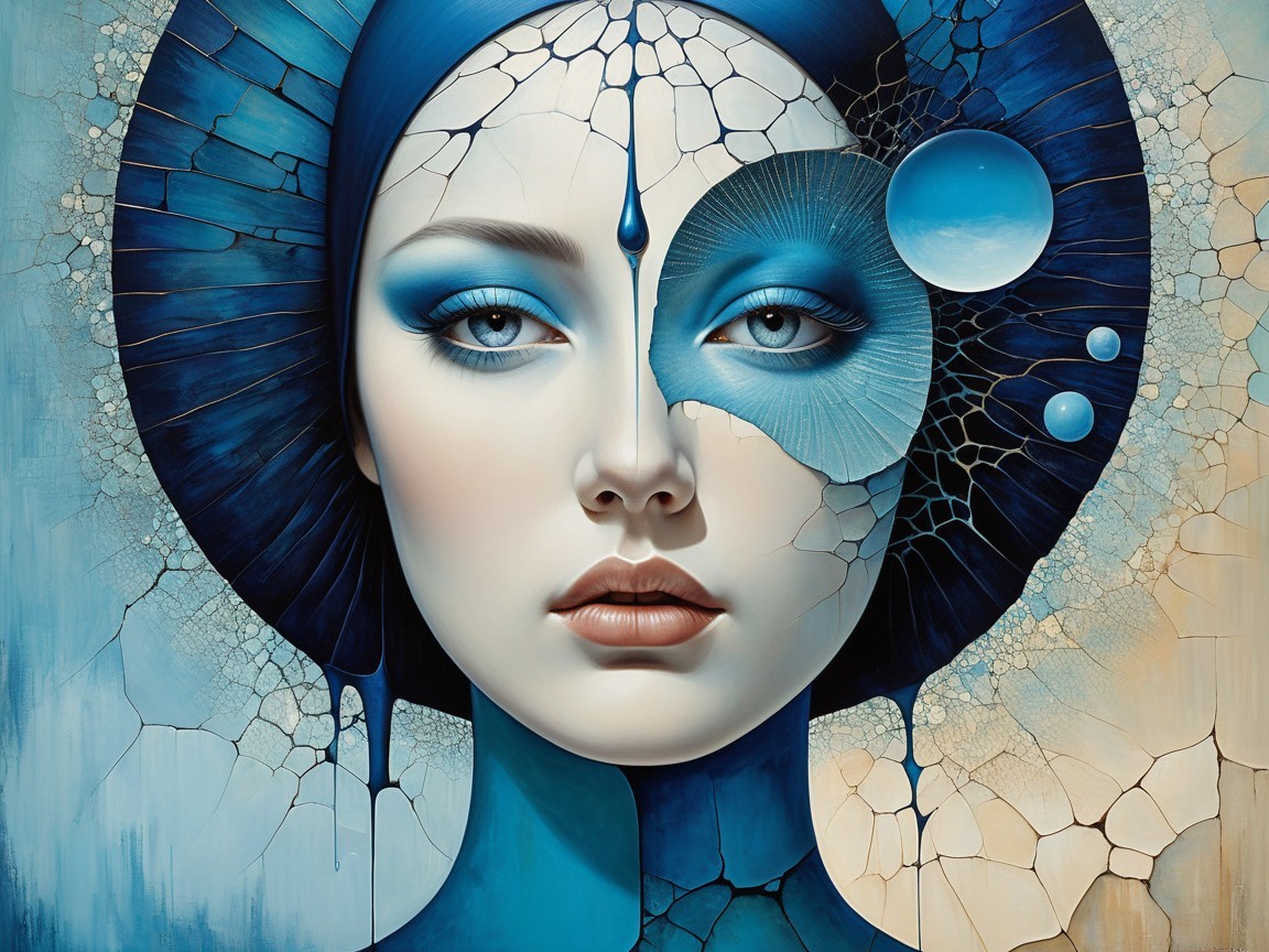 Surreal Portrait of a Woman with Blue Hues and Cracks