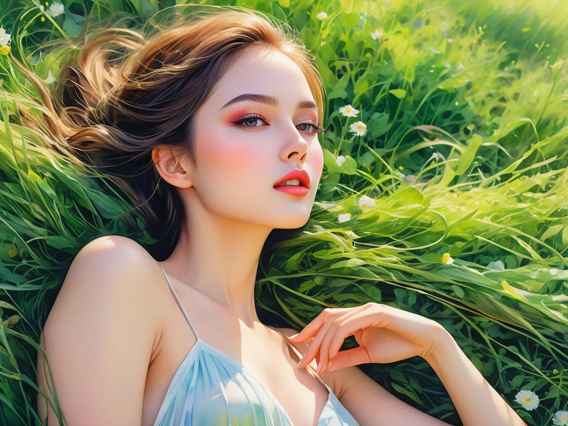 Young Woman in a Green Field with Wildflowers