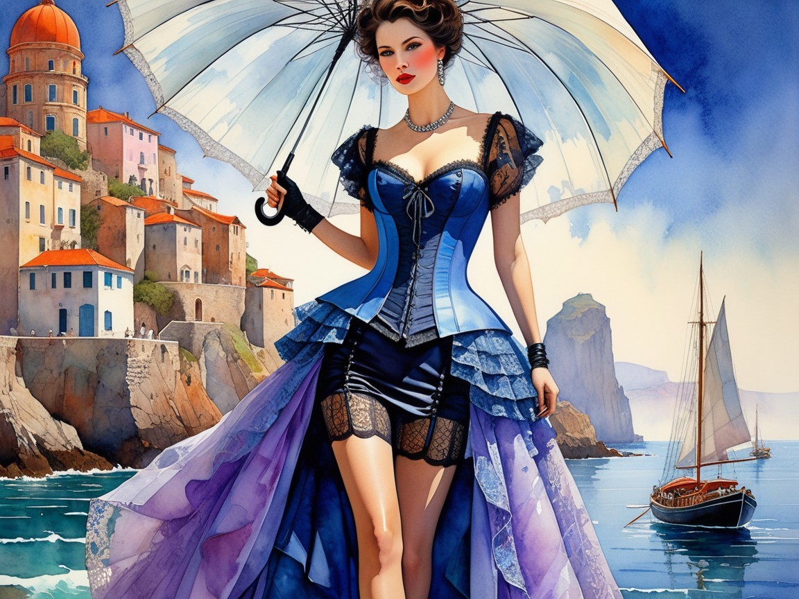 Glamorous Woman by Seaside with Parasol and Dress