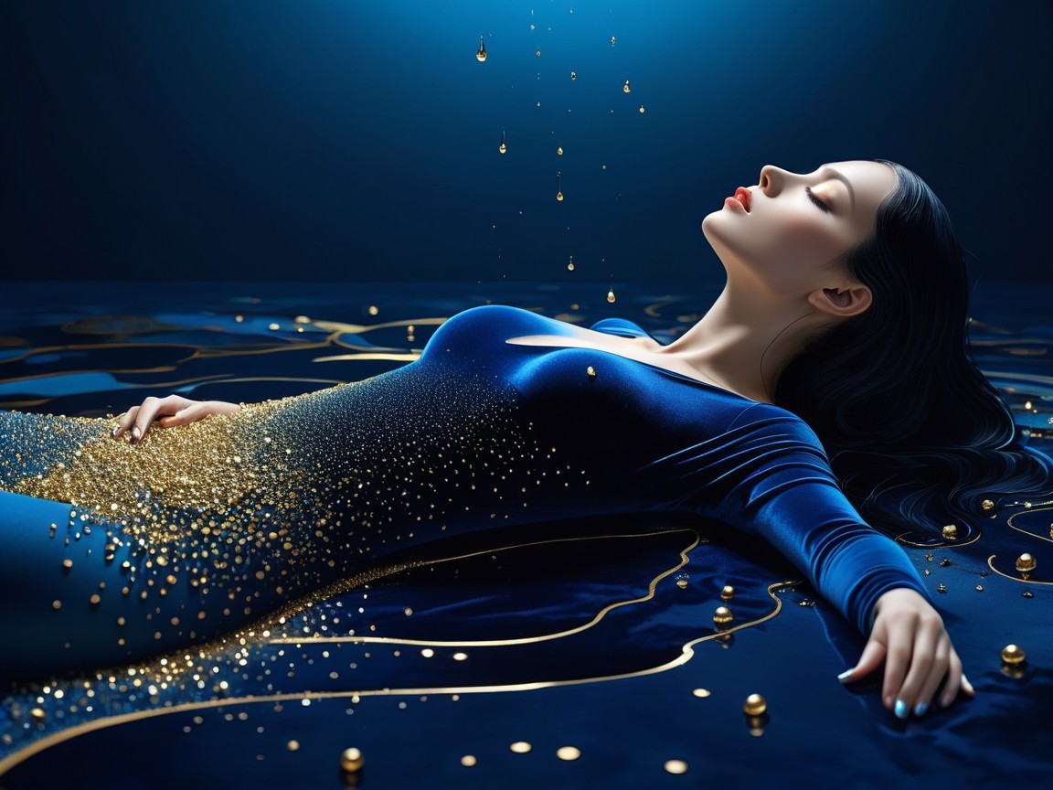 Woman in gown against deep blue backdrop with gold accents
